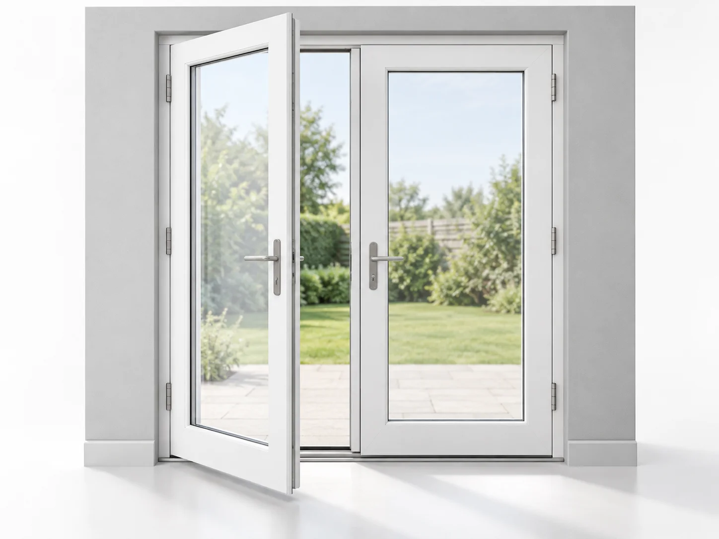 Pair of white glazed hinged doors with one leaf open and the other closed.