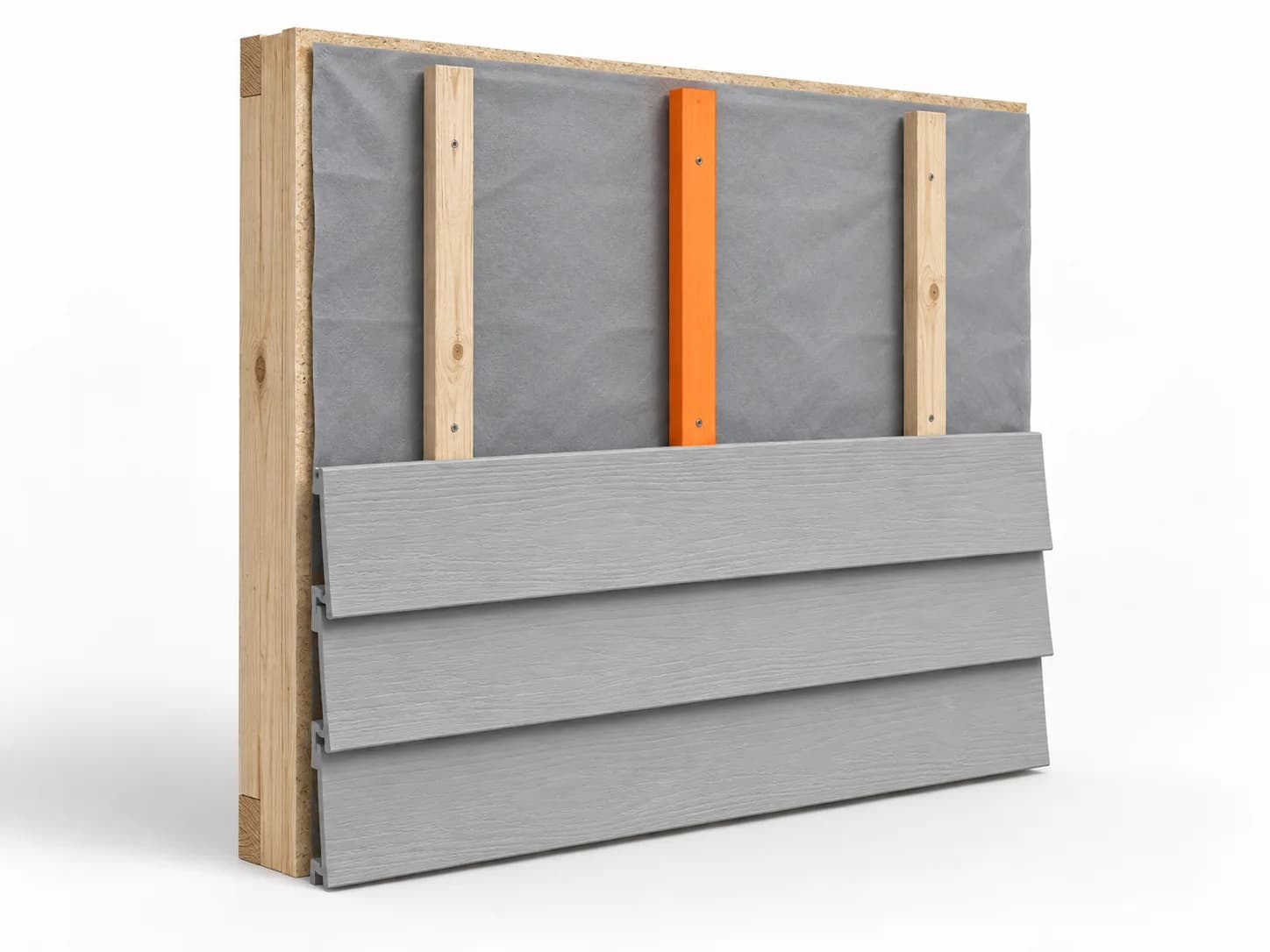 Wall cutaway with one vertical furring strip highlighted orange behind the siding.
