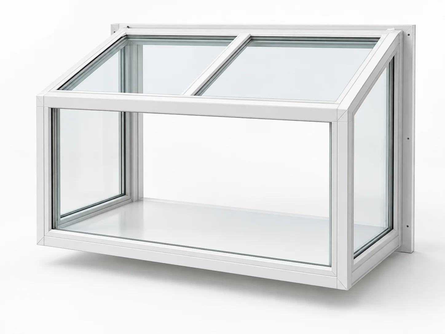 Projecting garden window with glazed front and sides, a sloping glass roof, and a flat shelf.