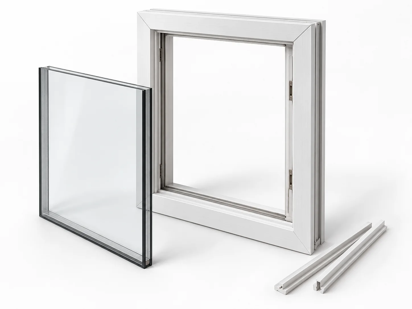 Empty white window sash beside a removed insulated glass unit and separate glazing beads.
