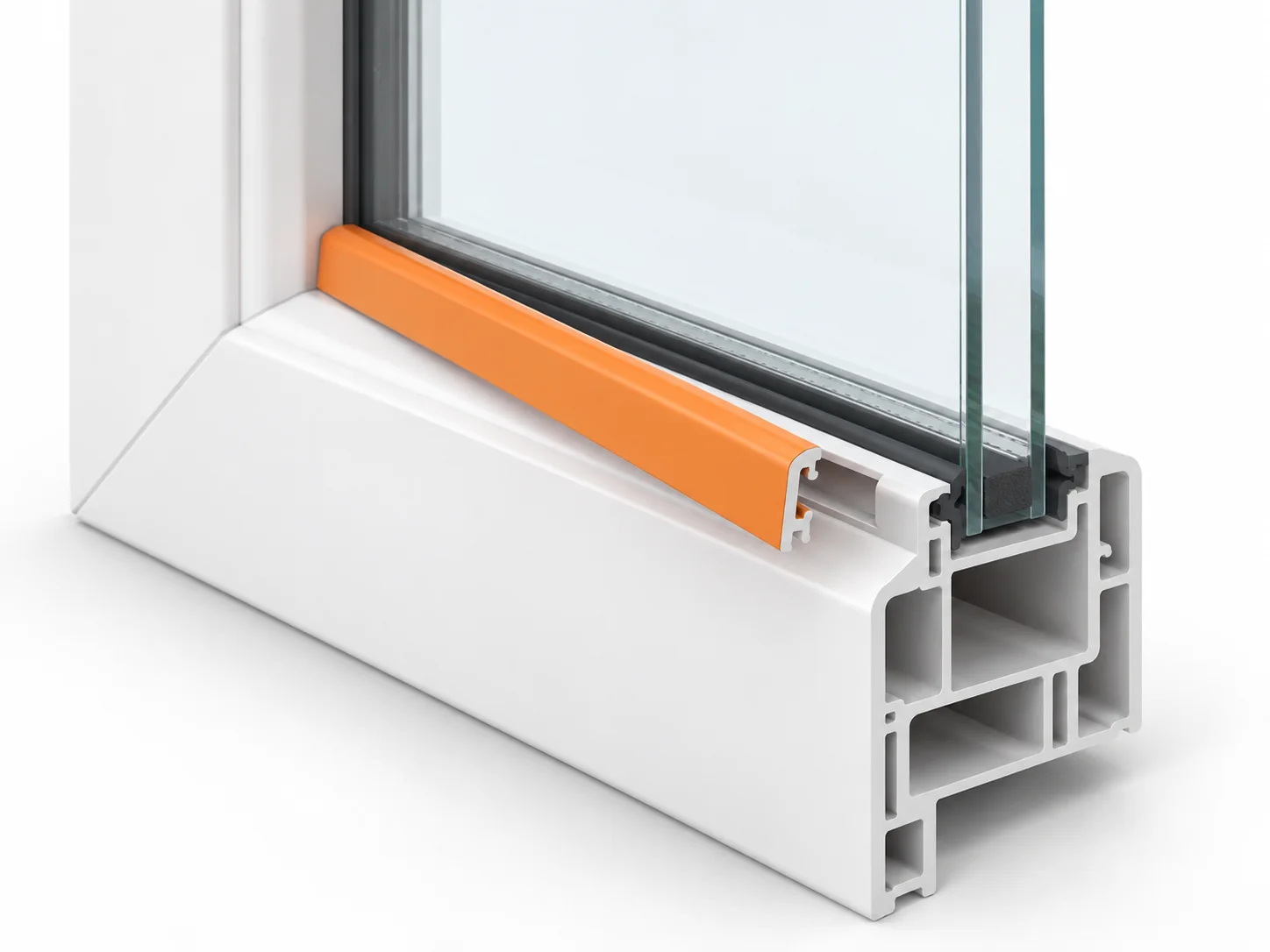 Window glass edge with an orange retaining glazing bead slightly withdrawn from its groove.