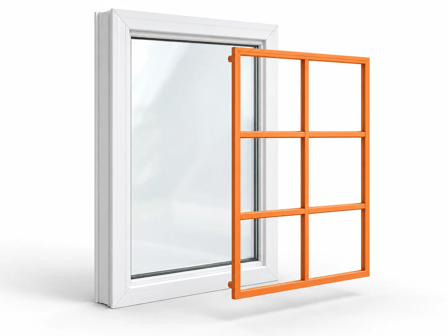 Decorative grille highlighted orange and offset in front of an uninterrupted glass pane.