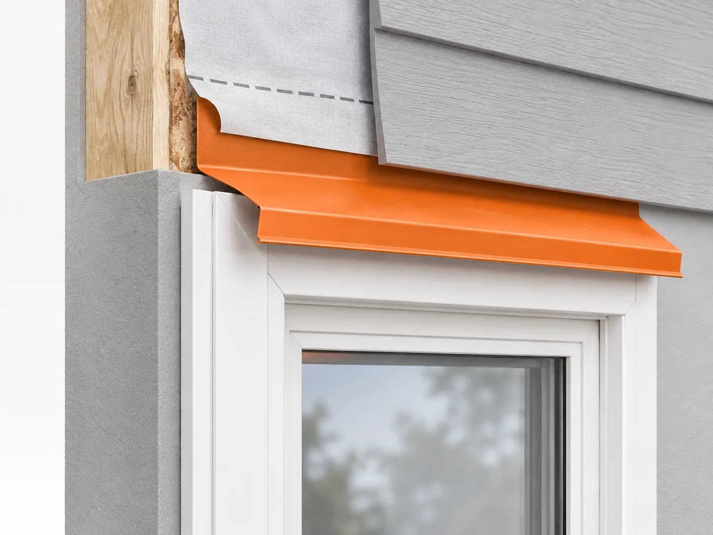 Upper exterior window detail with the projecting head flashing and drip edge highlighted orange.