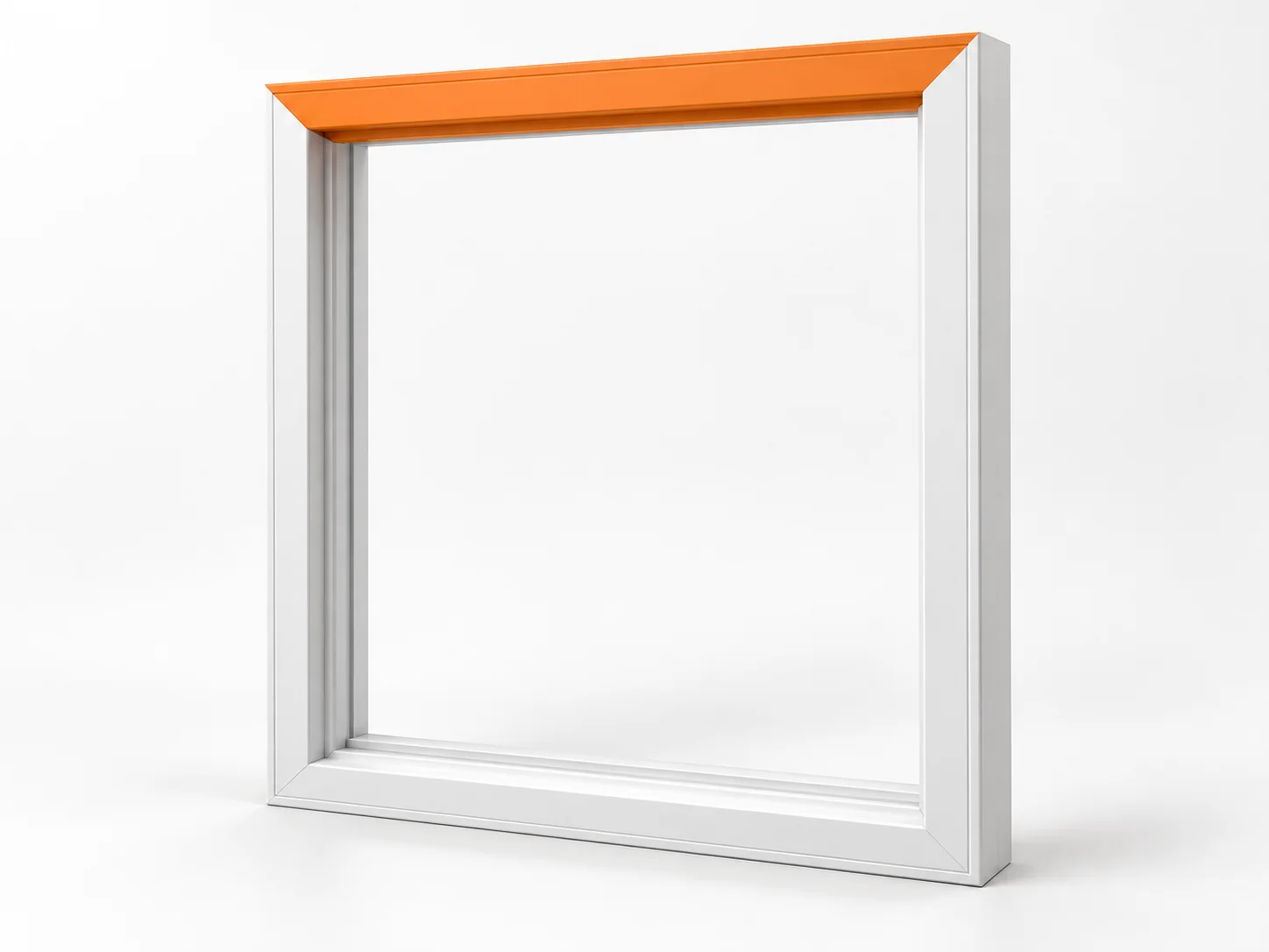 Empty window frame with its horizontal top member, the head jamb, highlighted orange.