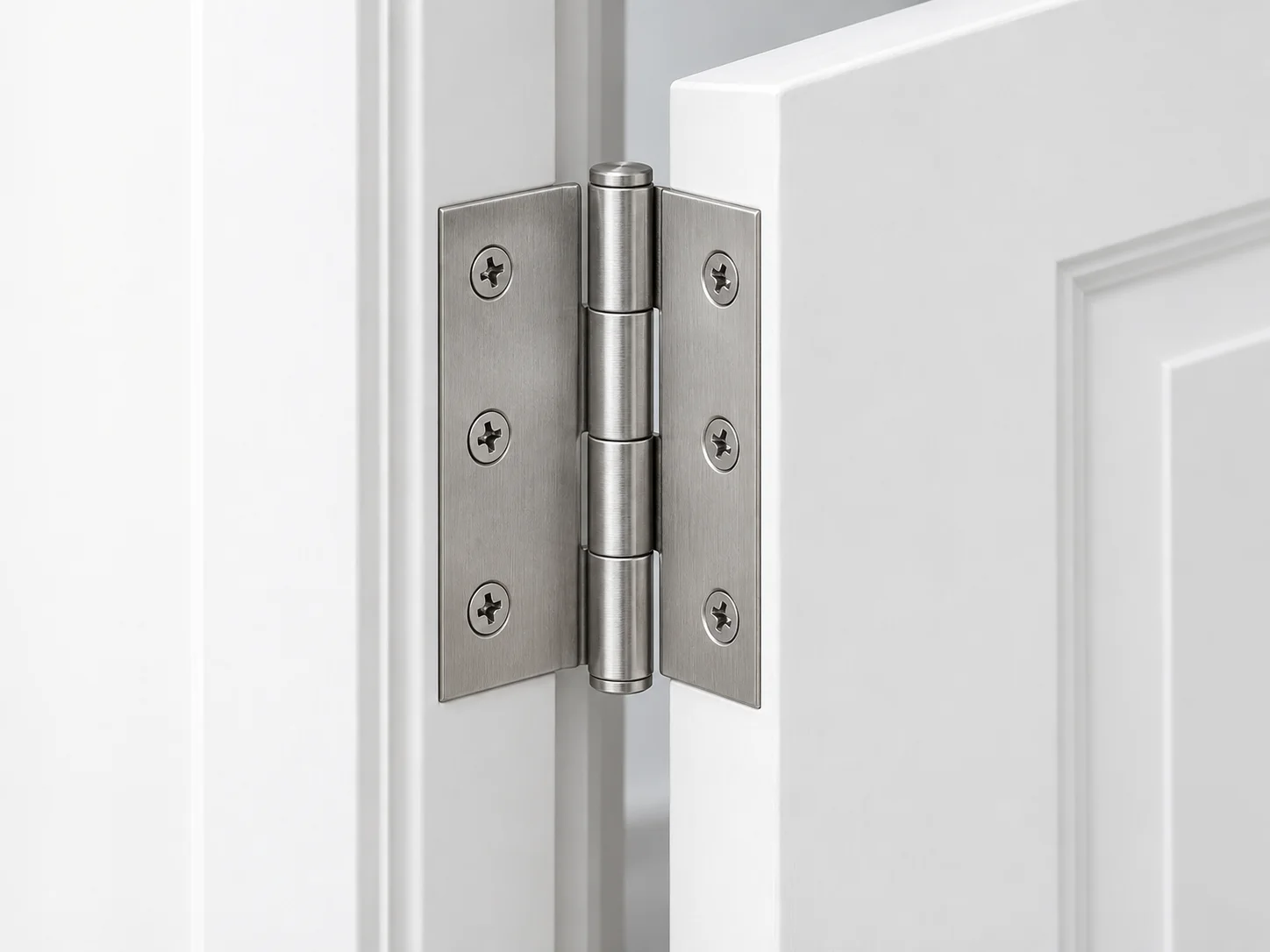 Metal butt hinge joining a white door slab to its jamb, showing both leaves and the central pin.