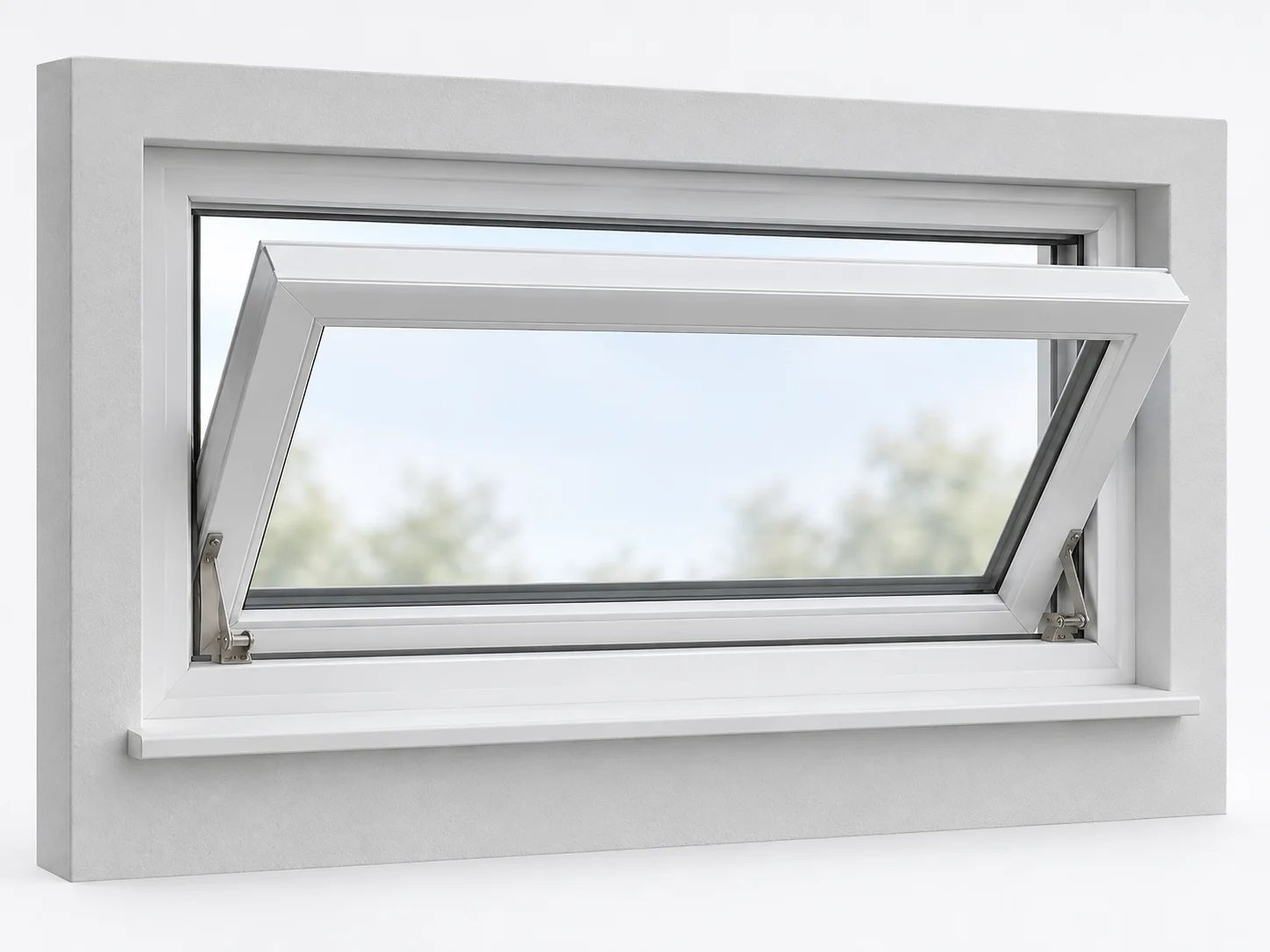 Interior view of a bottom-hinged hopper window with its top edge tilted into the room.