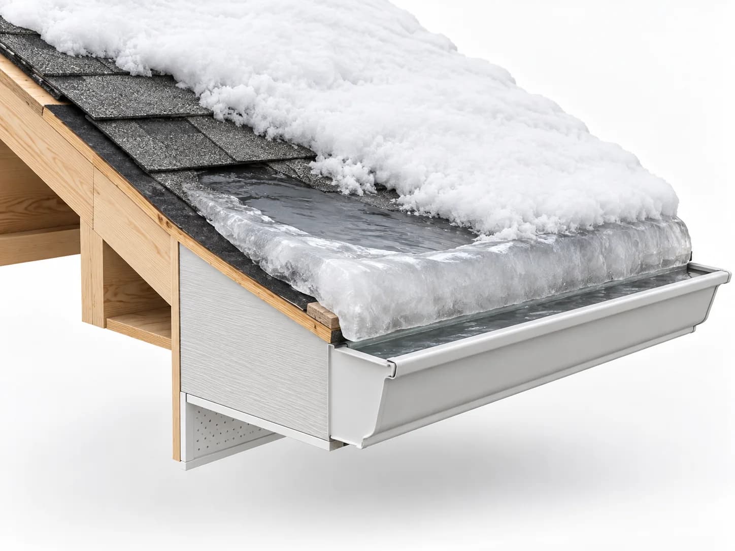Snow-covered roof eave with meltwater backed up behind a ridge of ice above the gutter.