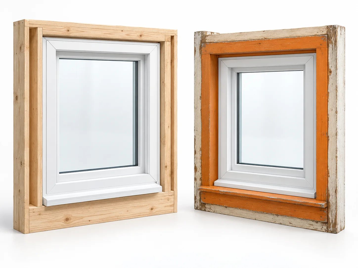 Full-frame replacement at left; insert replacement at right within a retained old frame highlighted orange.