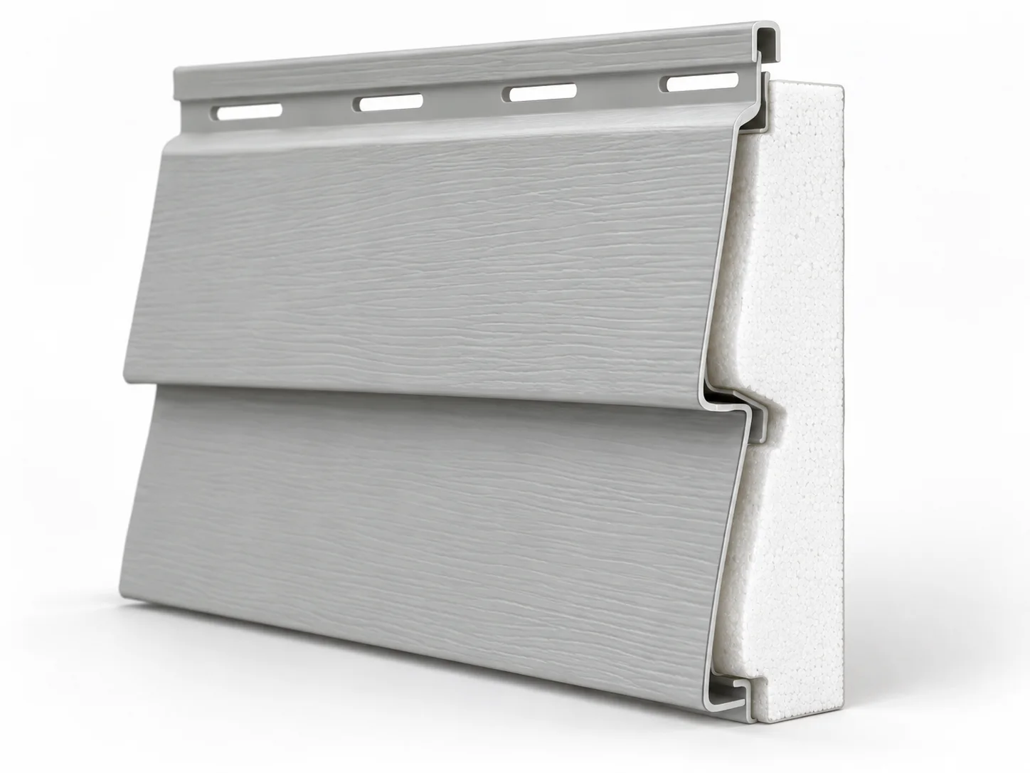Vinyl siding cutaway showing shaped rigid-foam backing fitted behind its thin face.