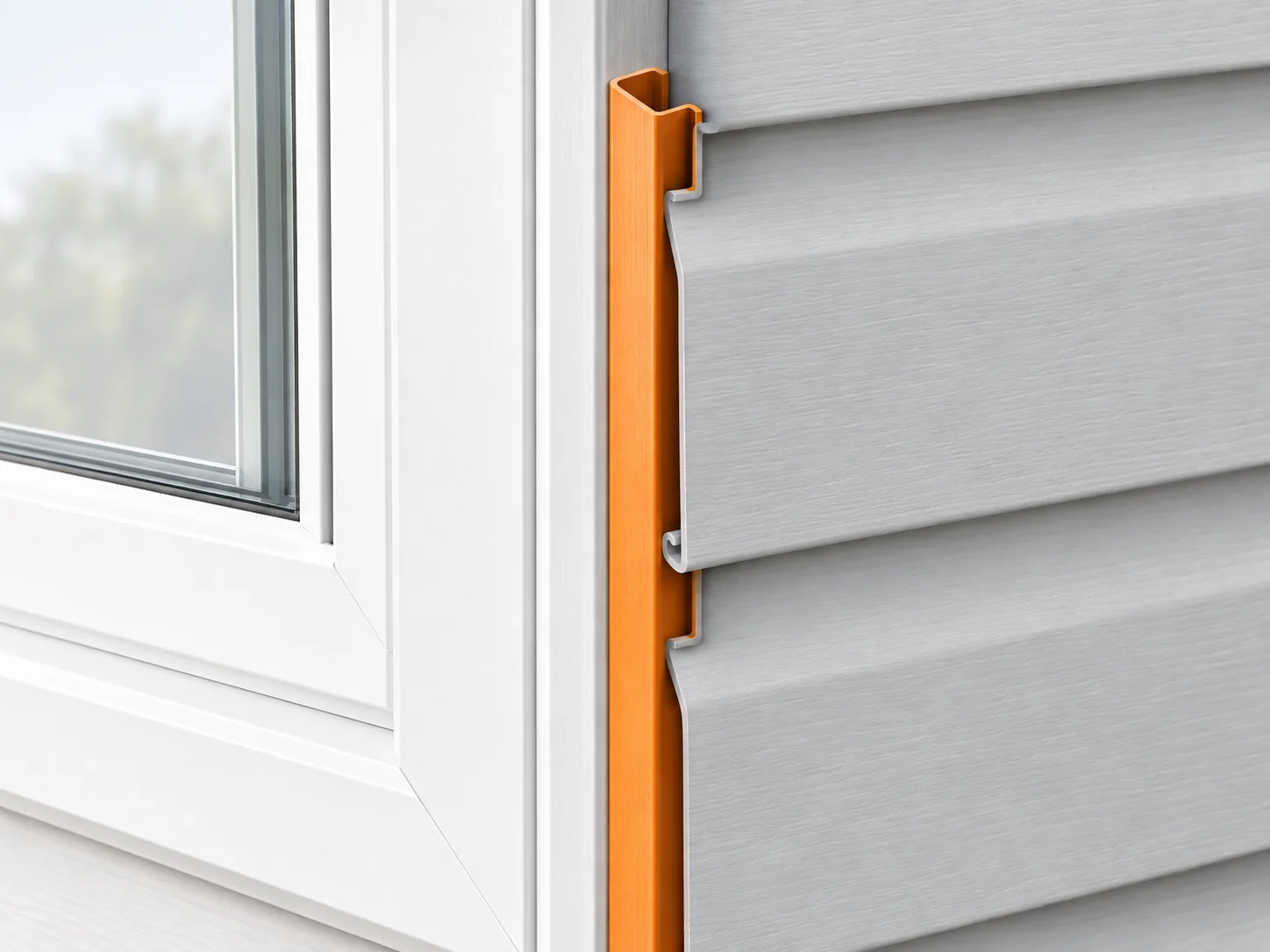 Window-side siding termination with the receiving J-channel highlighted orange.