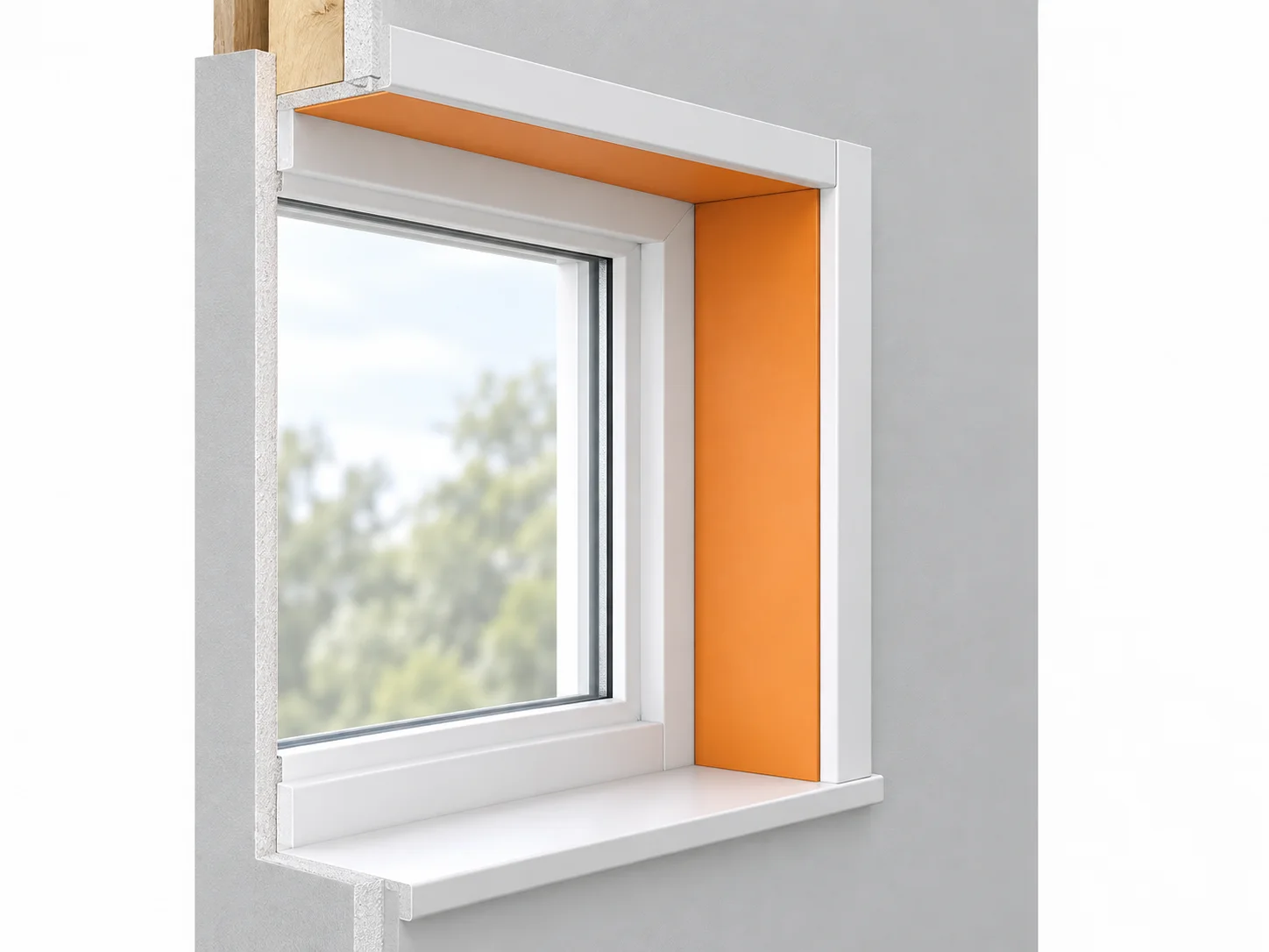 Deep interior window reveal with the jamb extension boards highlighted orange between the frame and casing.