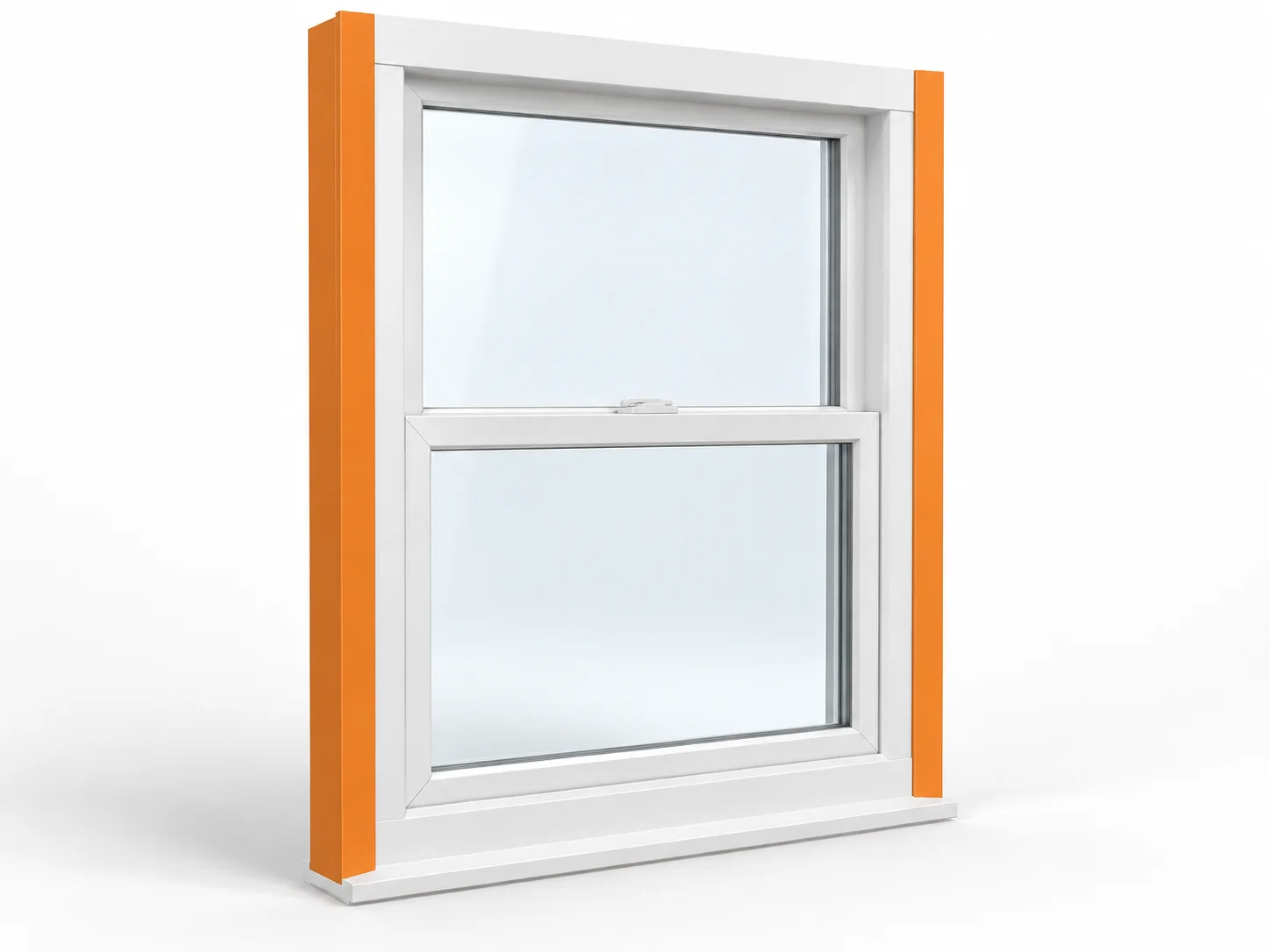 Window with its fixed vertical side jambs highlighted orange and the remaining frame white.