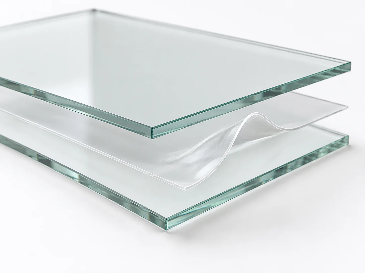 Two glass sheets separated to reveal a thin flexible polymer interlayer between them.