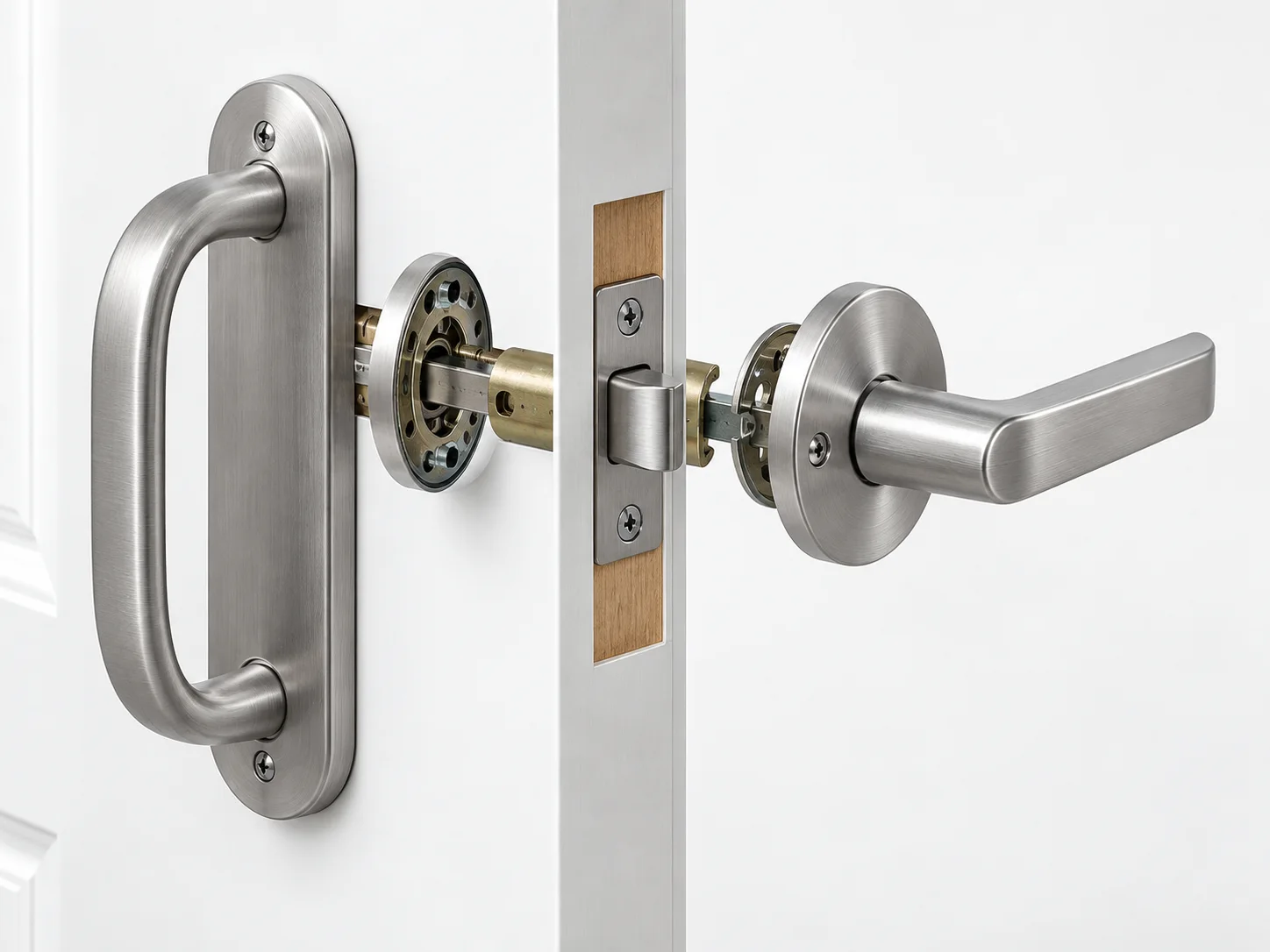 Door handle and latch assembly with aligned hardware shown partly separated from the door.