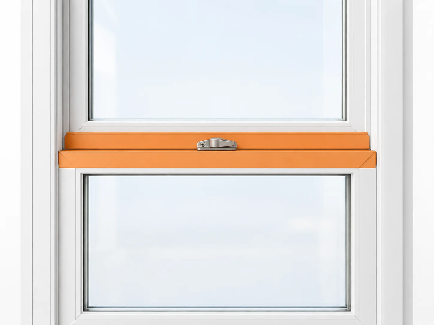 Centre of a double-hung window with the adjoining horizontal meeting rails highlighted orange.