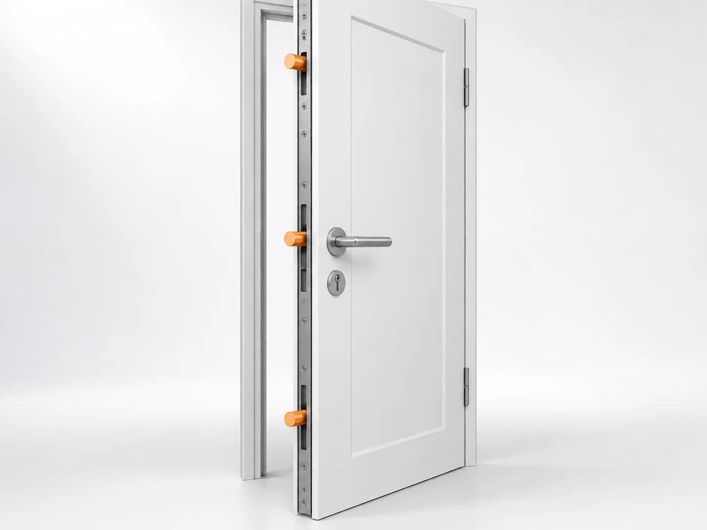 Open door edge with three locking points highlighted orange along a full-height metal strip.