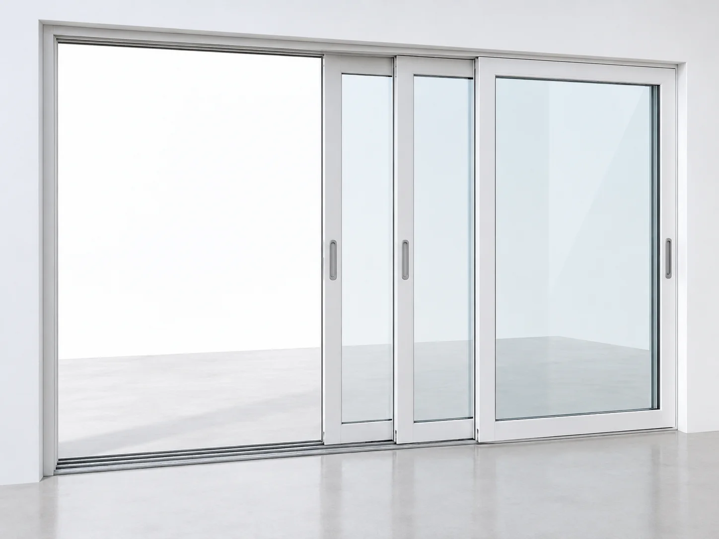 Parallel glazed door panels stacked to one side on separate sliding tracks.