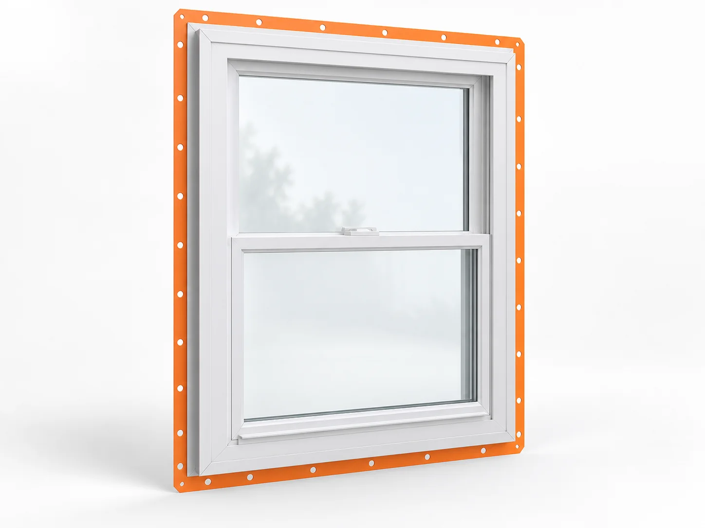 Window unit with its projecting perforated installation fin highlighted orange around the perimeter.