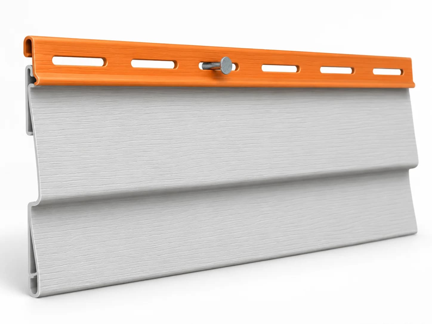 Upper edge of vinyl siding with its slotted nailing hem highlighted orange.