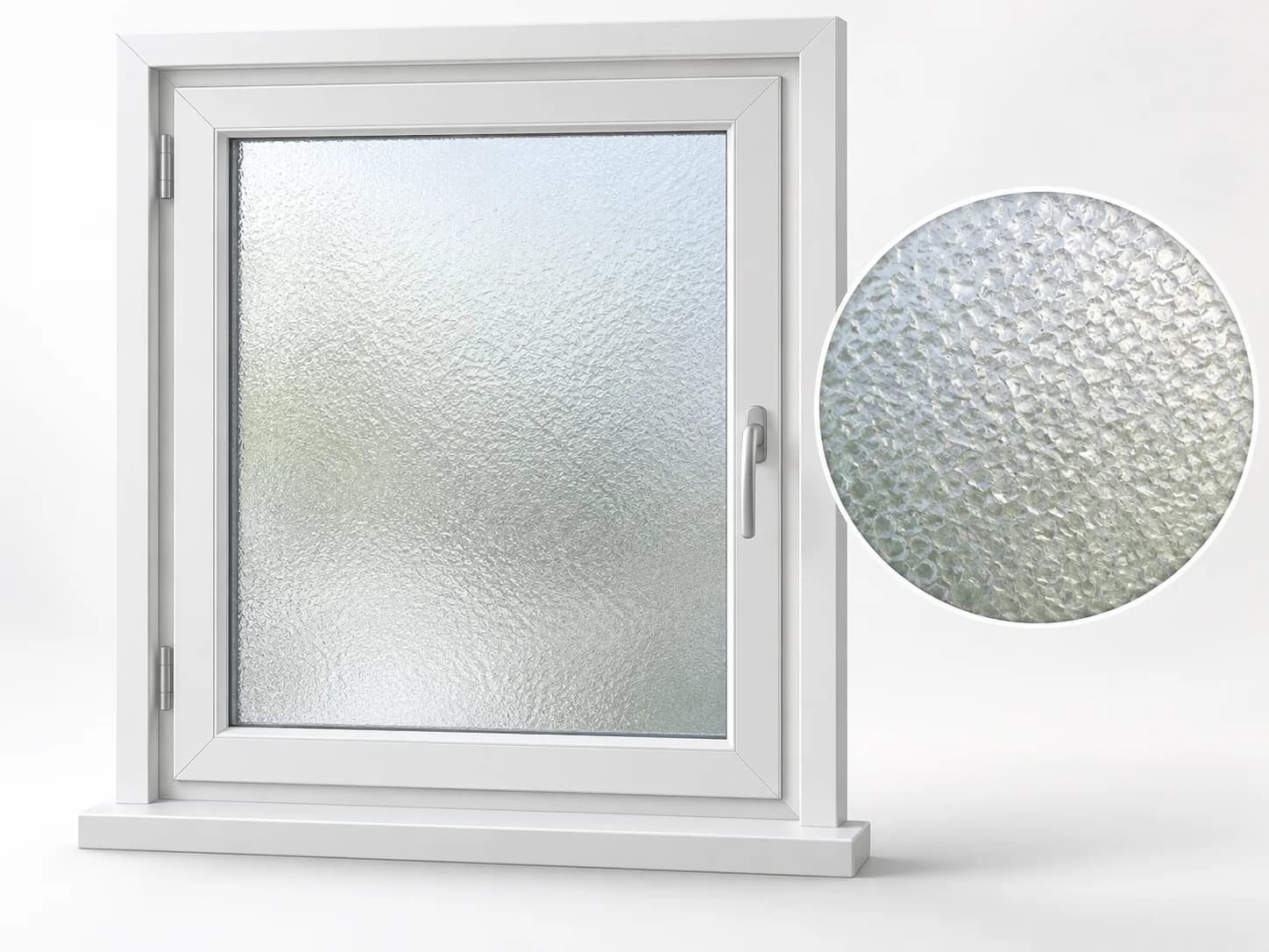 White-framed privacy window with textured glass that obscures the view while admitting light.