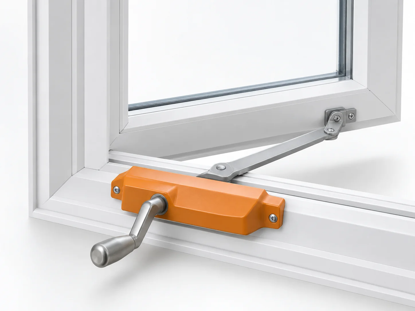 Casement window crank and operator arm with the mechanism housing highlighted orange.