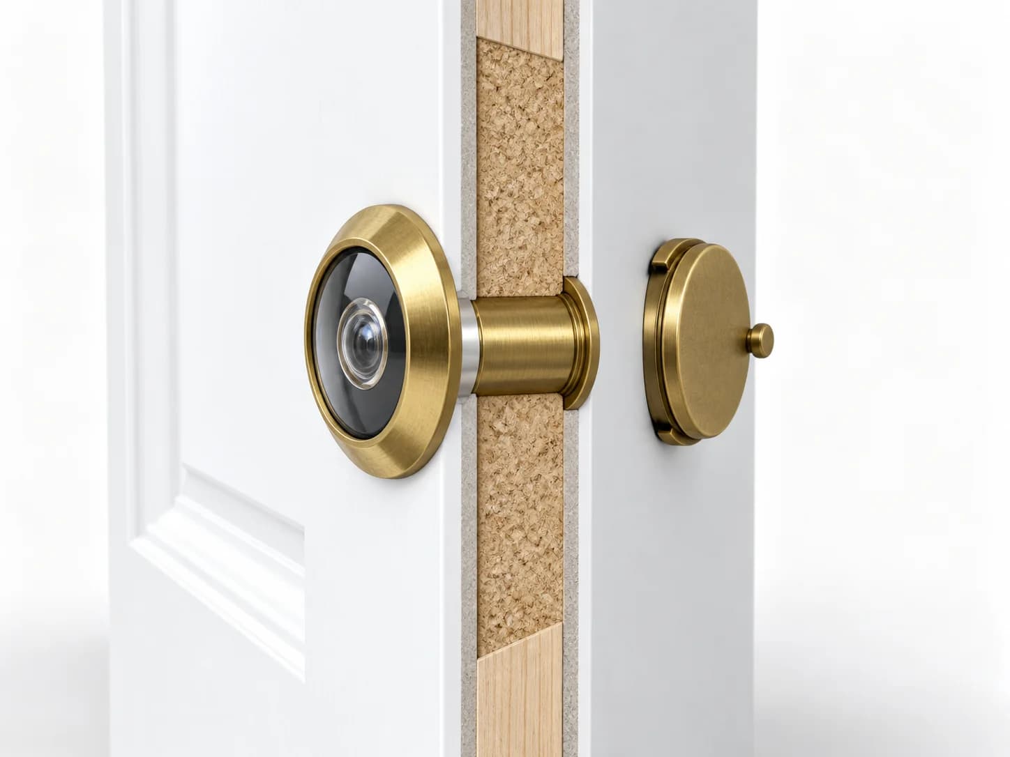 Door slab cutaway showing a small optical viewer passing through the door thickness.