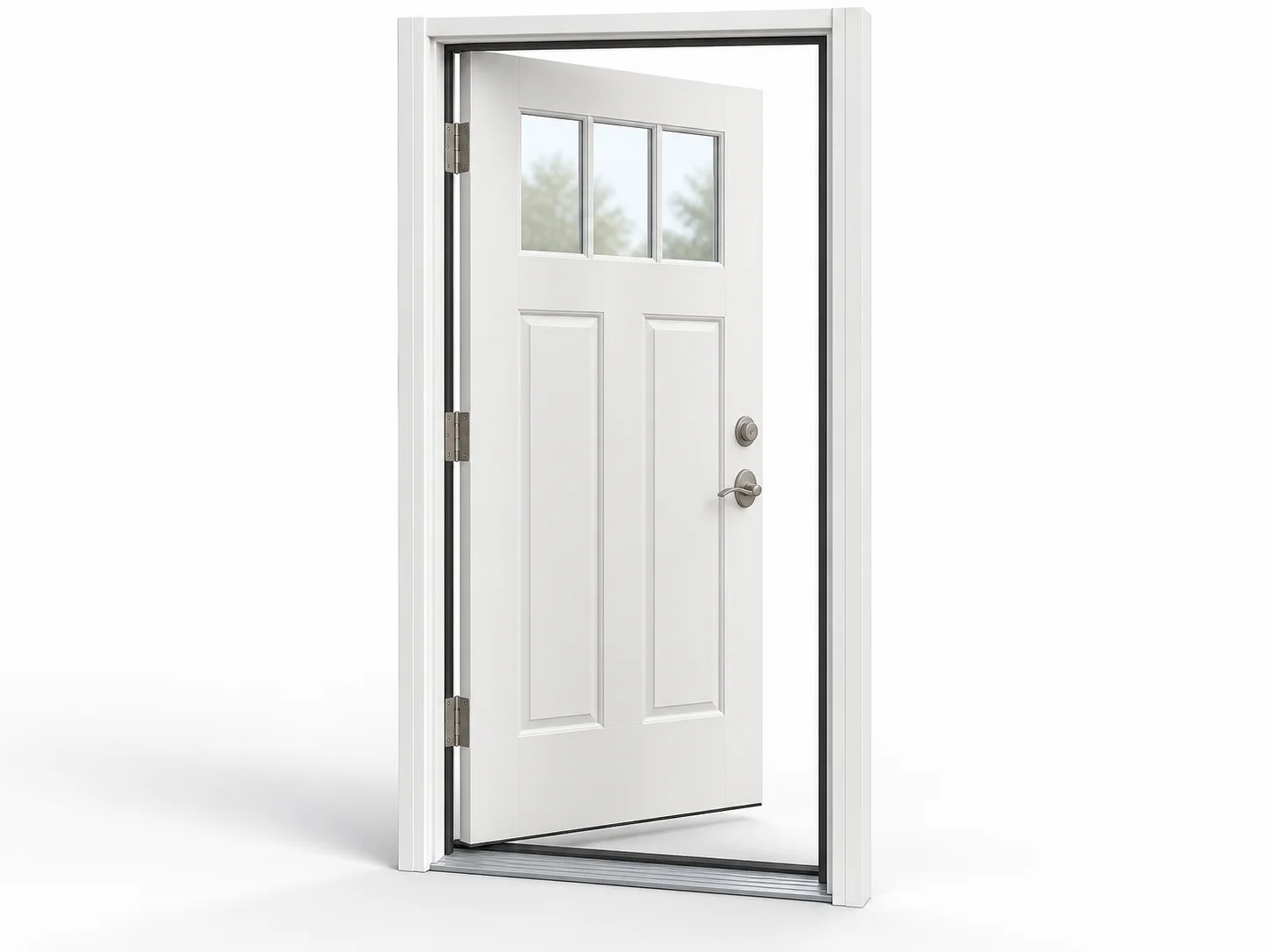 Complete entry door assembly with a partly open white slab, jamb frame, hinges, and threshold.