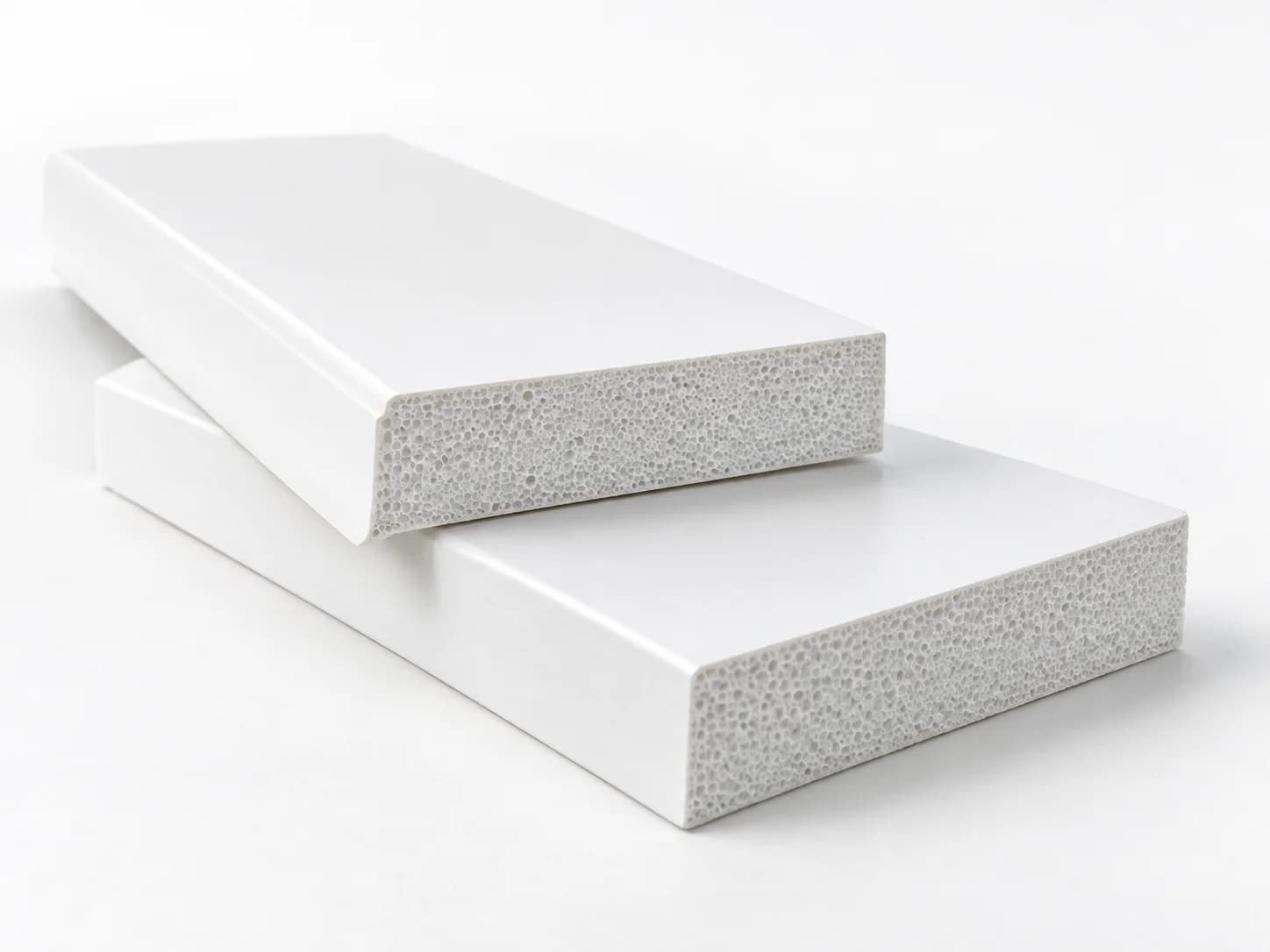 White cellular PVC trim boards with smooth faces and fine cellular texture at the cut ends.