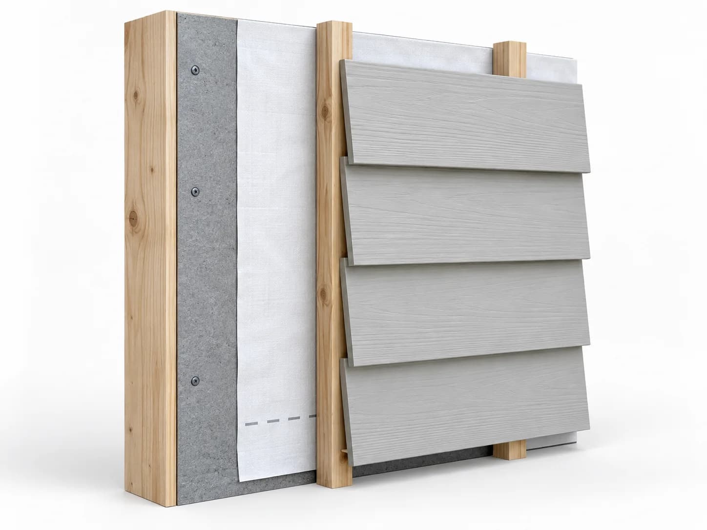 Wall cutaway showing a drainage gap maintained by vertical battens between siding and the membrane.