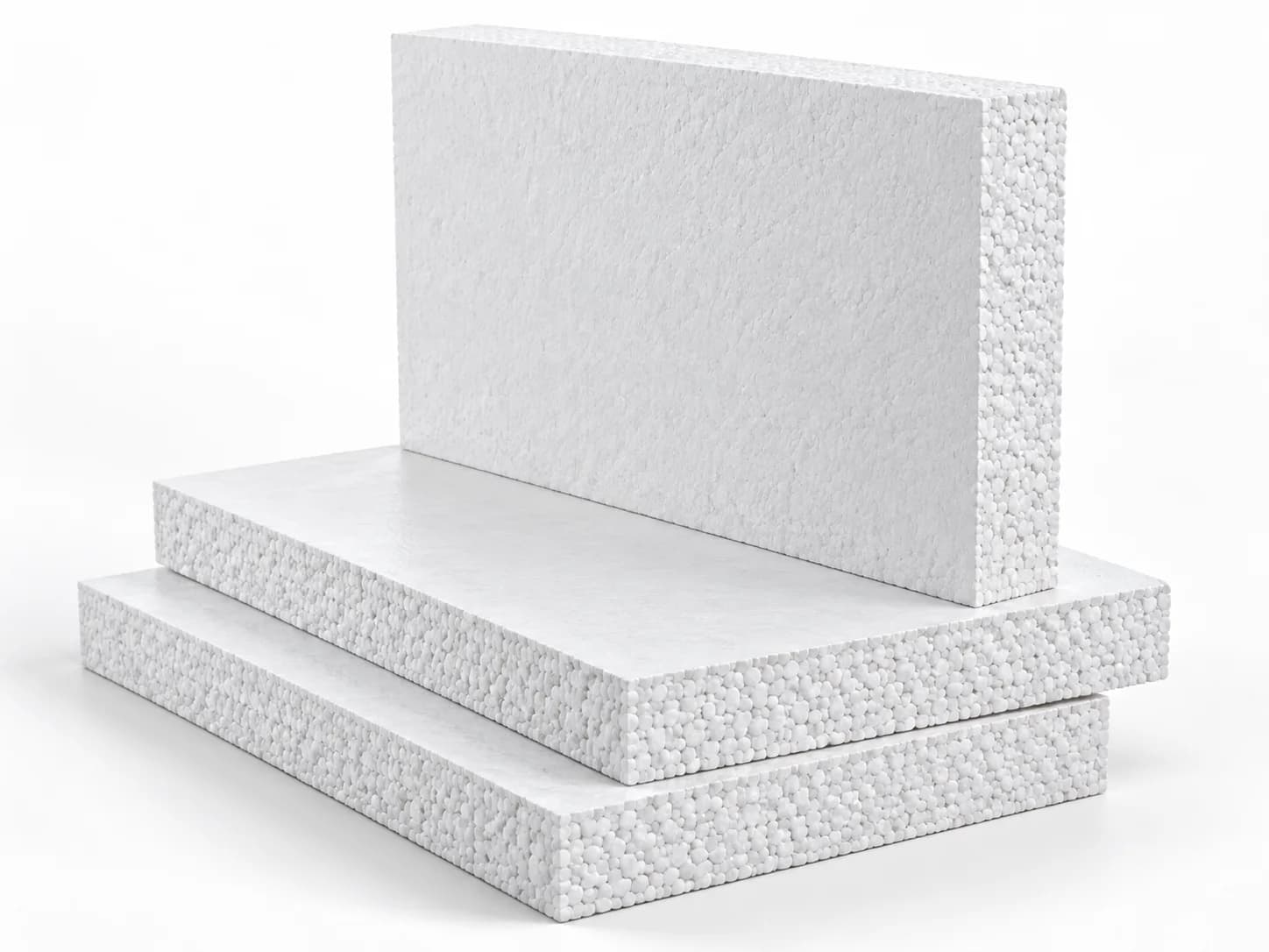 Rigid white insulation board samples with visible bead texture on their cut faces.