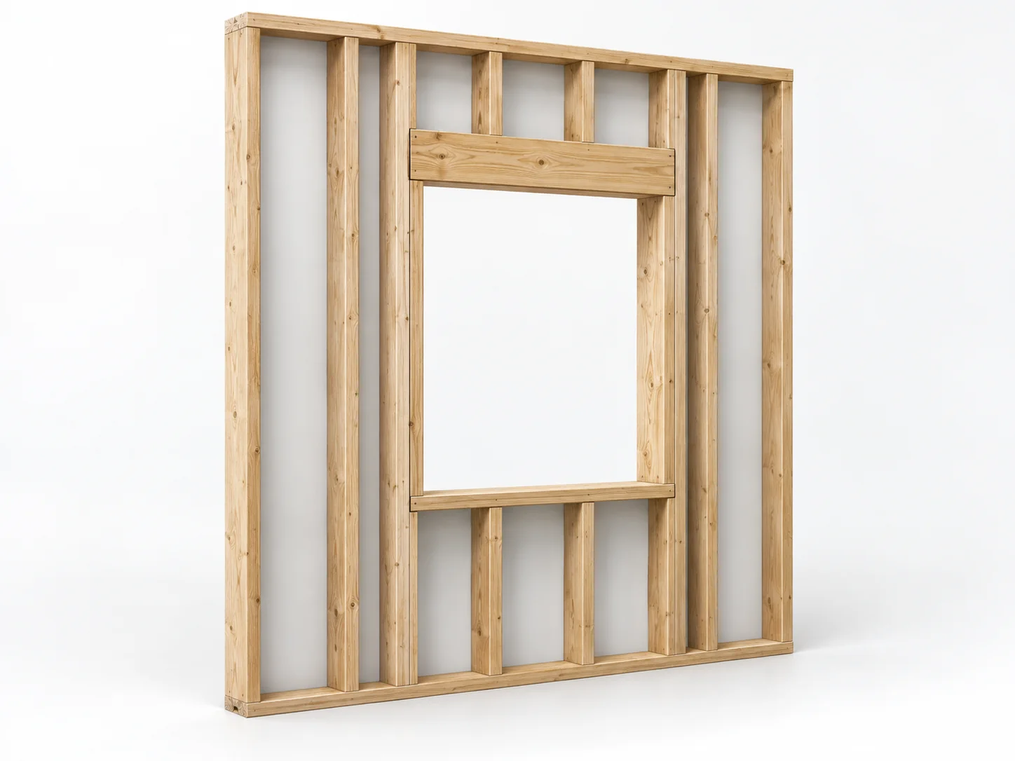Bare timber-framed window opening showing studs, a header, and rough sill before installation.