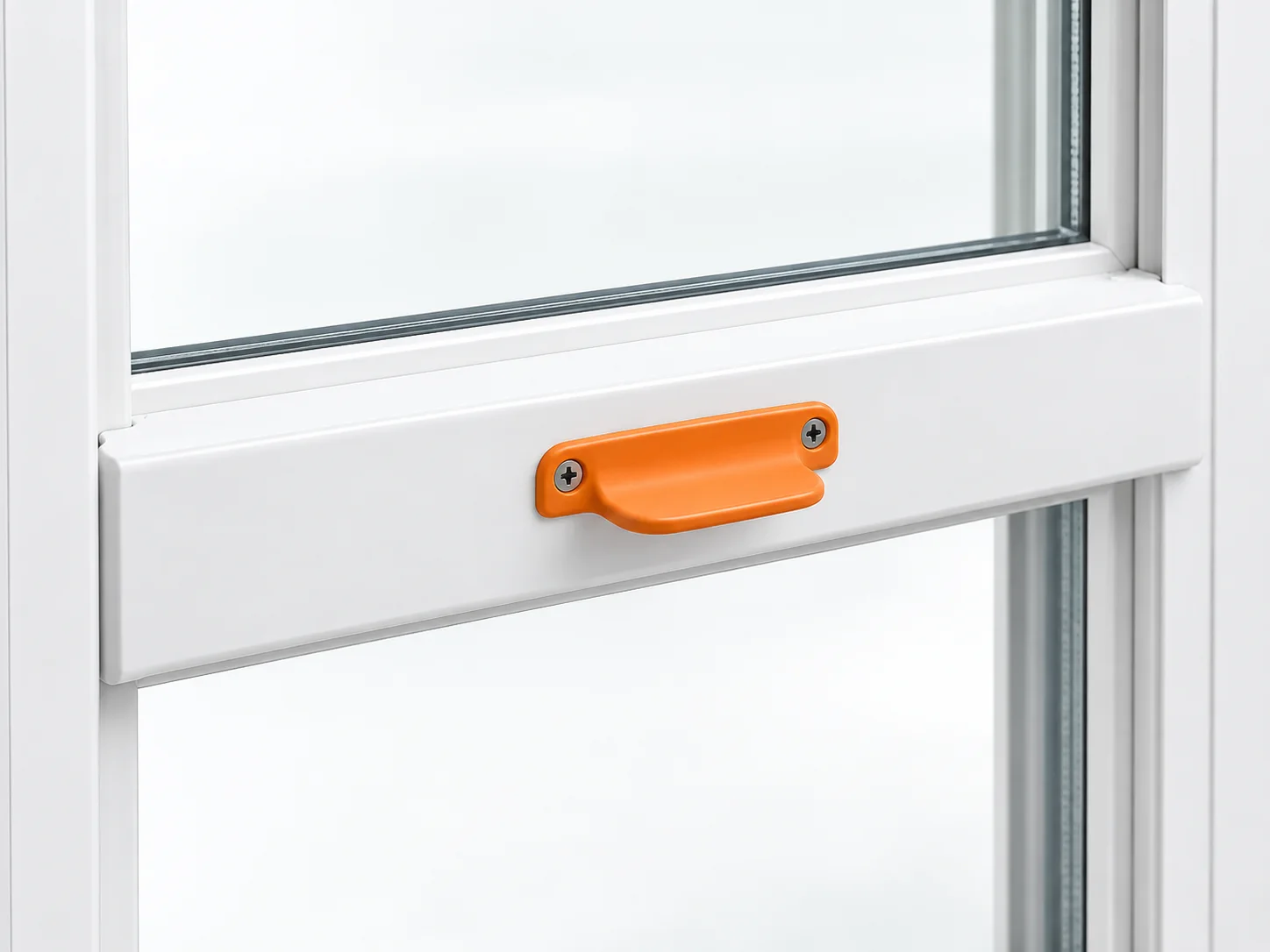 Lower window sash rail with its small finger-lift grip highlighted orange.