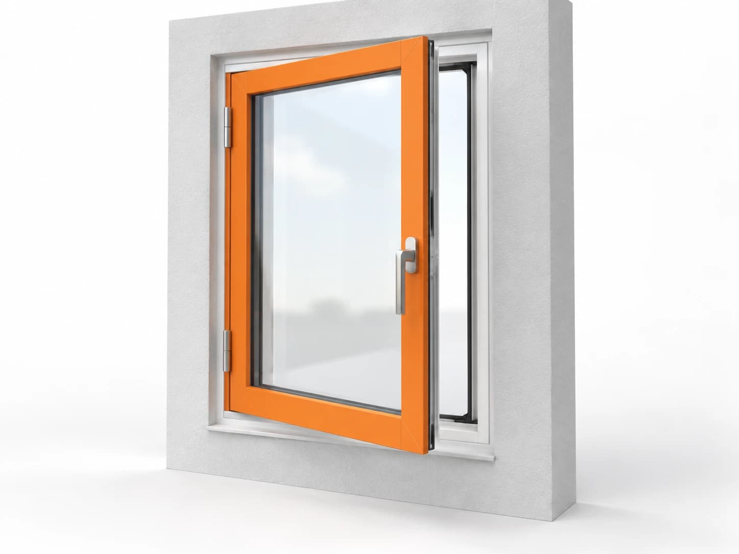 Illustration highlighting the movable sash framework in orange; the glass is clear and the fixed outer frame remains white.