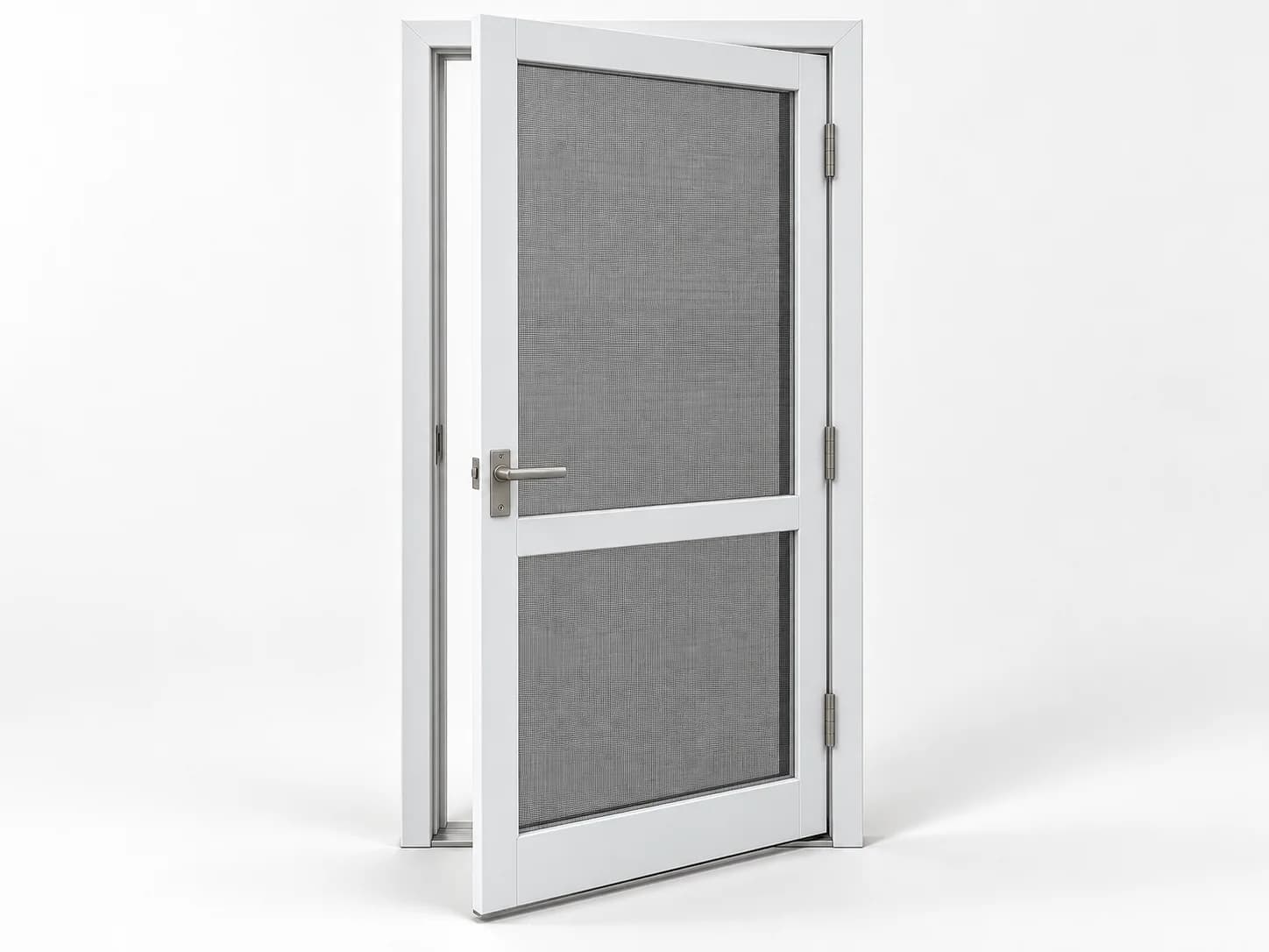 Partly open white door with fine mesh infill instead of glass.