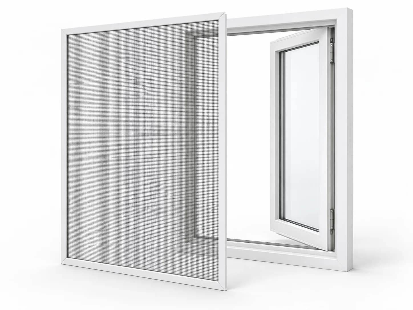Fine-mesh insect screen in a thin white frame, offset from an open window.