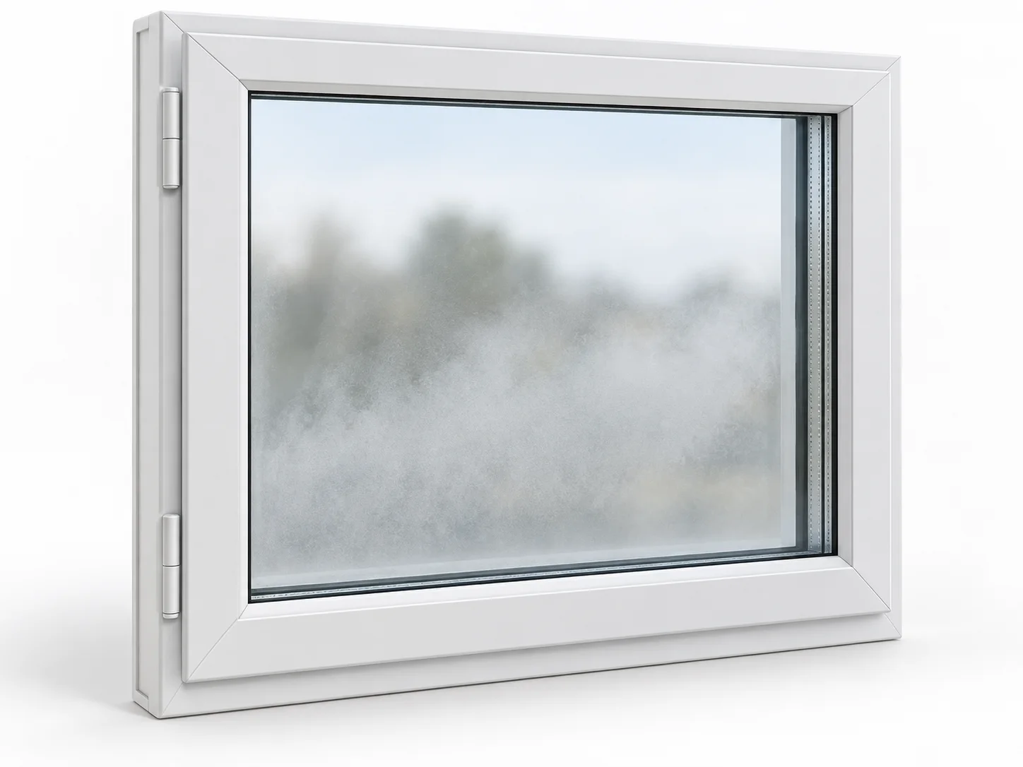 White-framed insulated window with cloudiness across the glazing, illustrating a possible seal-failure symptom.