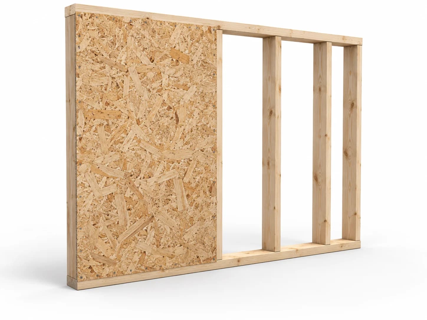 Timber wall partially covered by OSB sheathing with its compressed wood-strand texture visible.