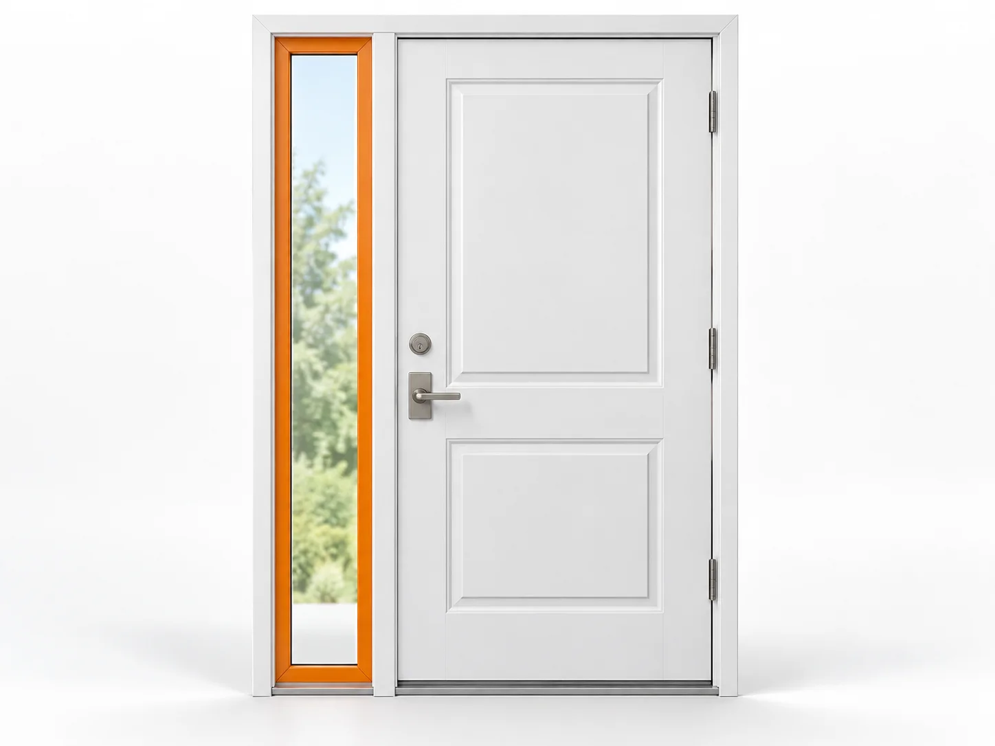Entry door with the frame of a separate narrow sidelight highlighted orange beside it.