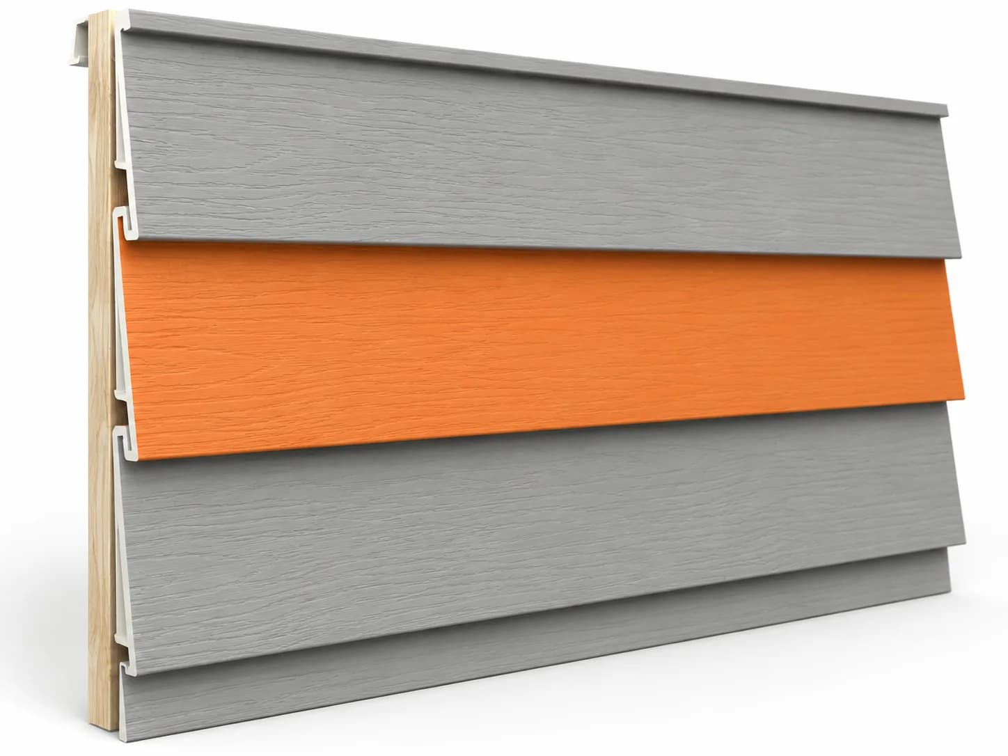 Overlapping siding with the exposed face of one horizontal course highlighted orange.