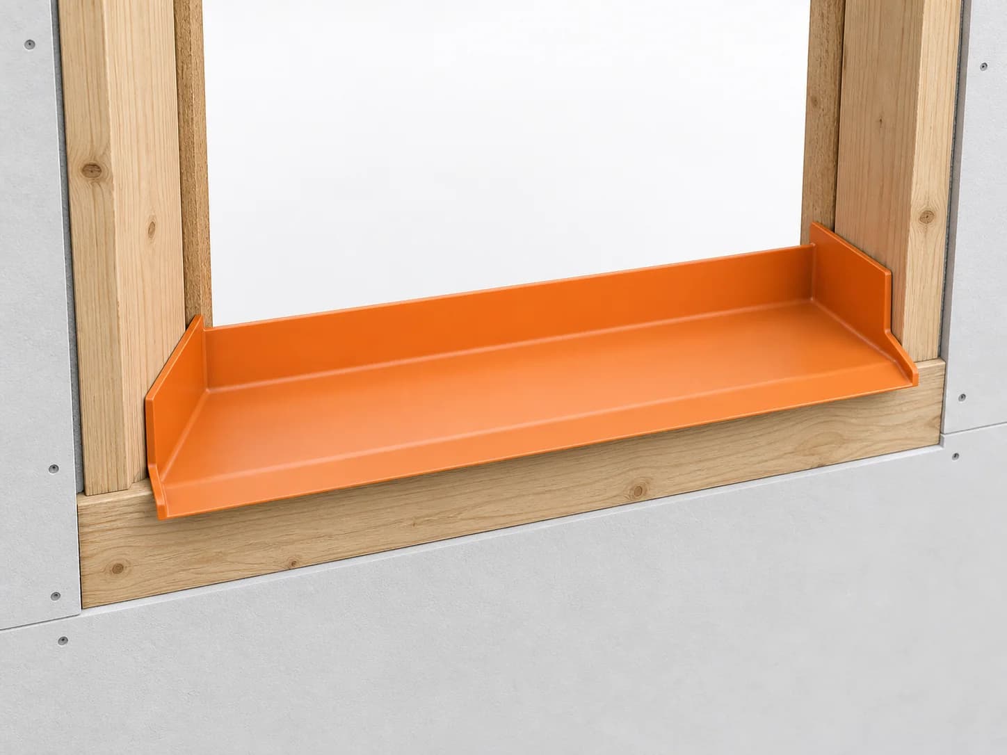 Window sill pan highlighted orange, showing its rear upstand and raised end dams within the opening.
