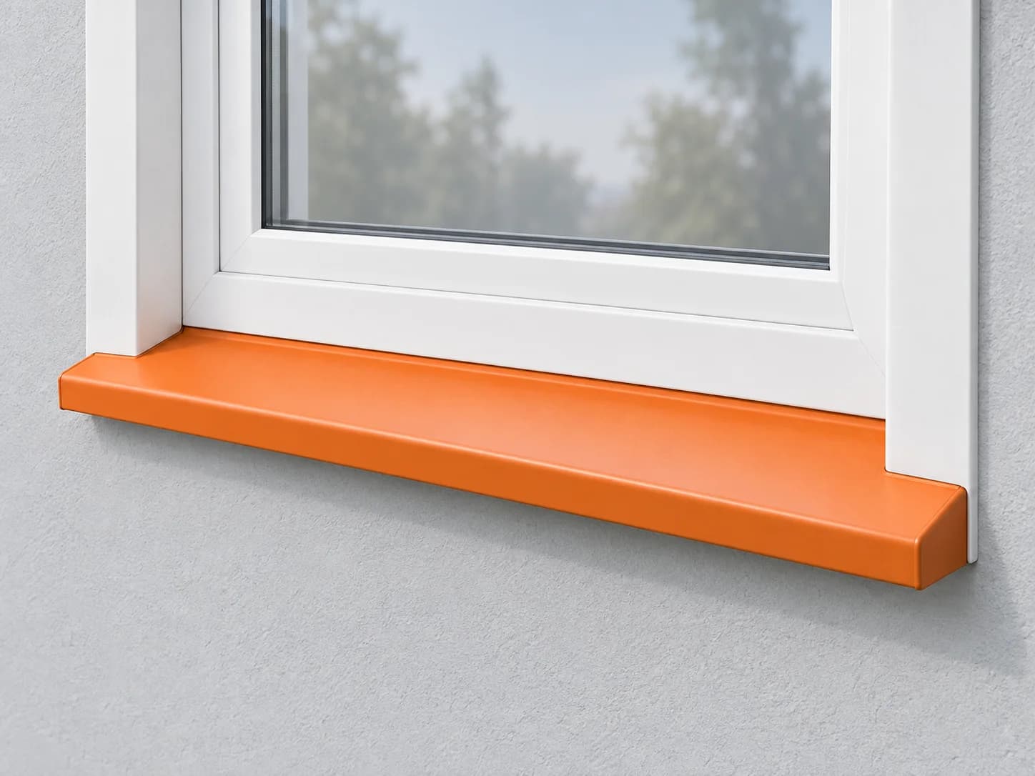 Lower exterior window detail with the sloped fixed sill highlighted orange beneath the glass.