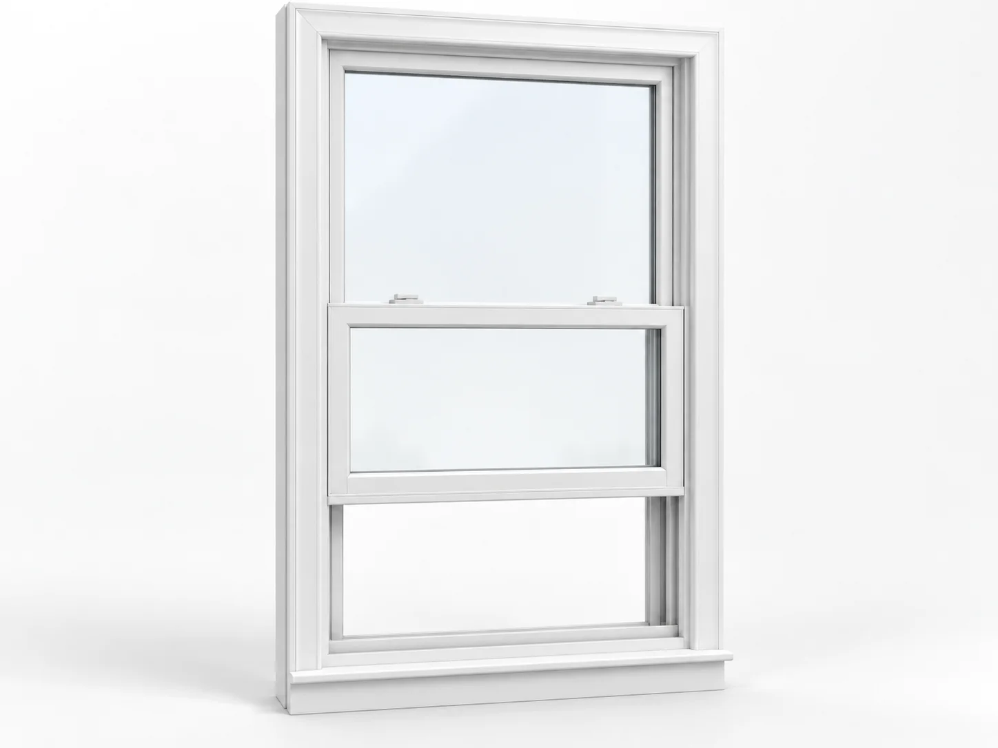 Single-hung window with a stationary upper sash and raised lower sash, leaving an opening at the bottom.