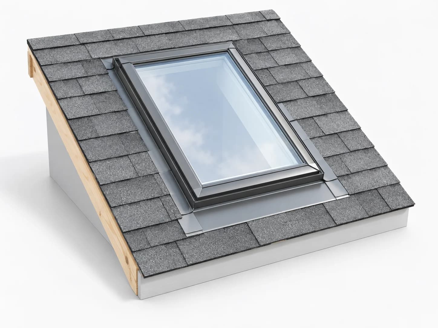 Rectangular glazed skylight set into a sloping shingle roof with perimeter flashing.