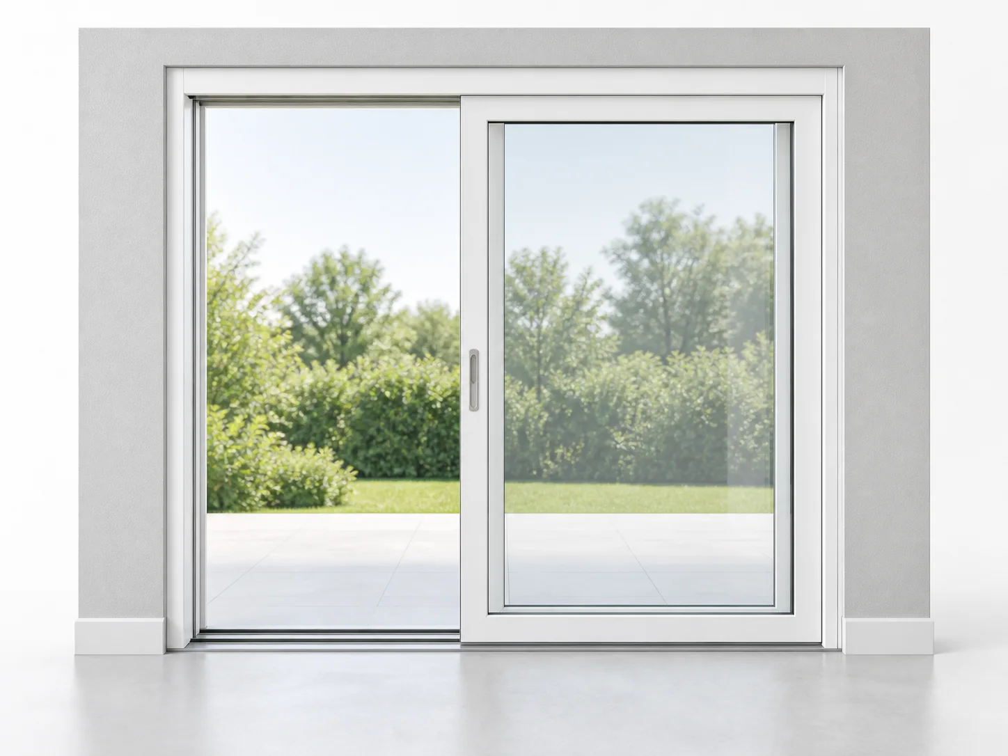 Two-panel glazed patio door with one panel slid across the other to open a passage.