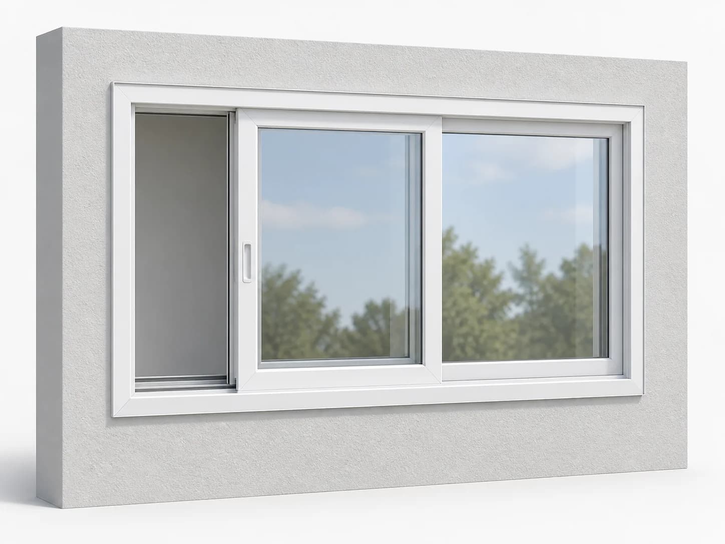 Illustration of a horizontal sliding window with one sash partly slid across the other.