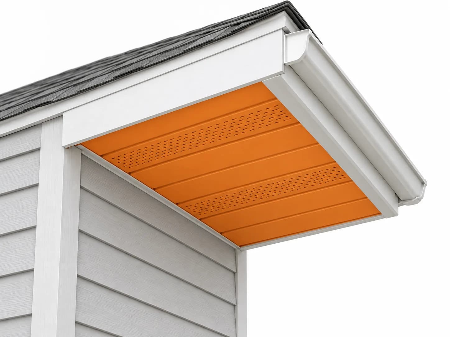 Low-angle roof-edge illustration highlighting the underside soffit panels in orange, with fascia and gutter left neutral.