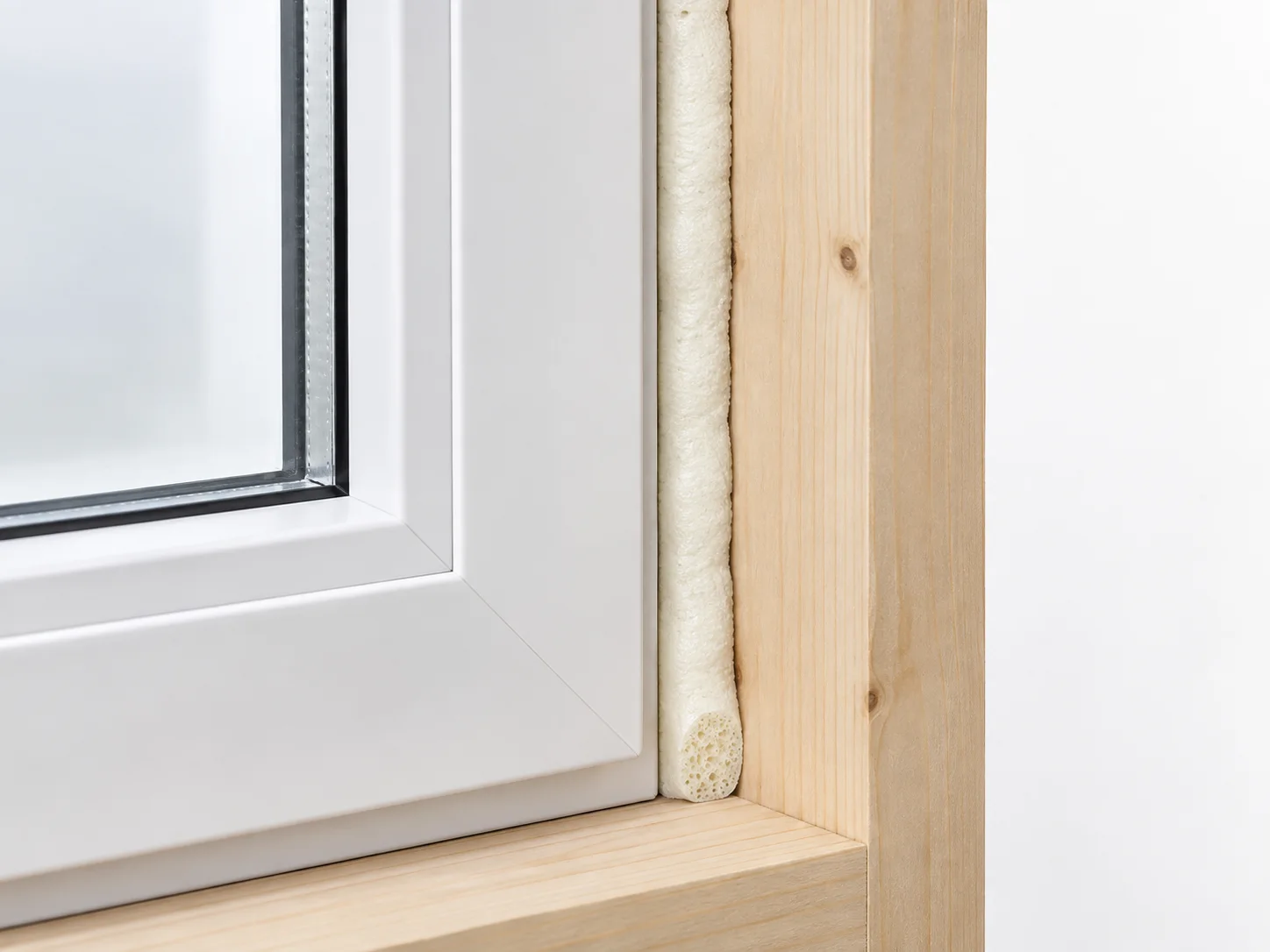 Narrow cured foam bead filling the installation gap between a white window and timber opening.