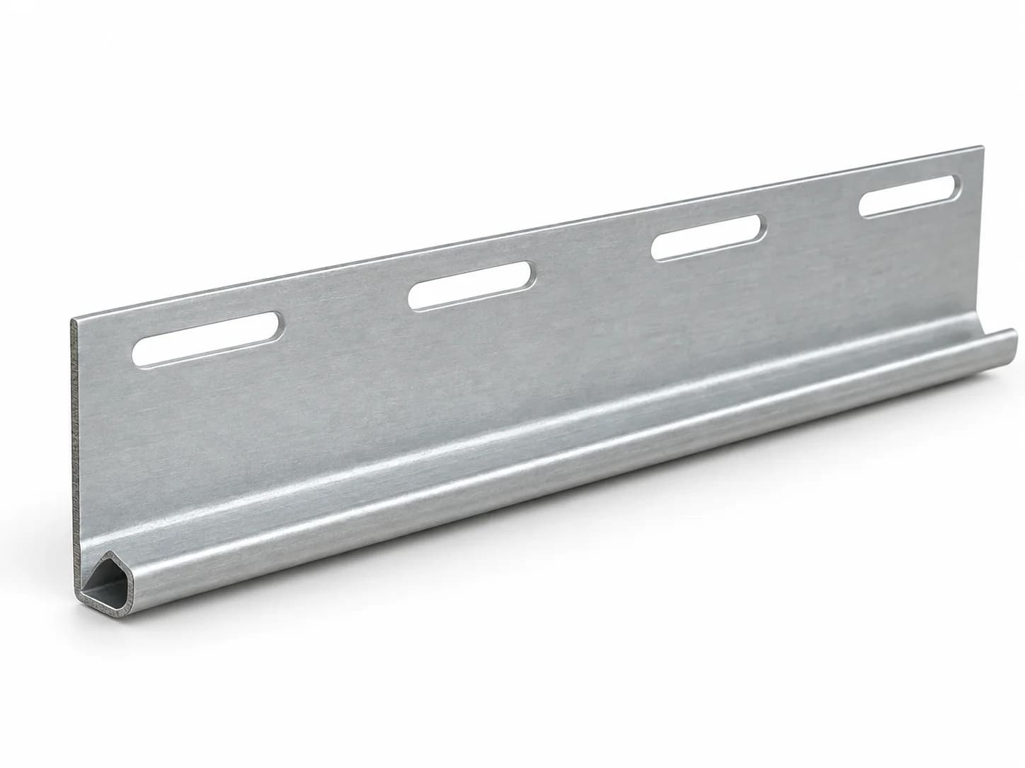 Metal siding starter strip showing mounting slots along its upper flange and a folded lower lip.