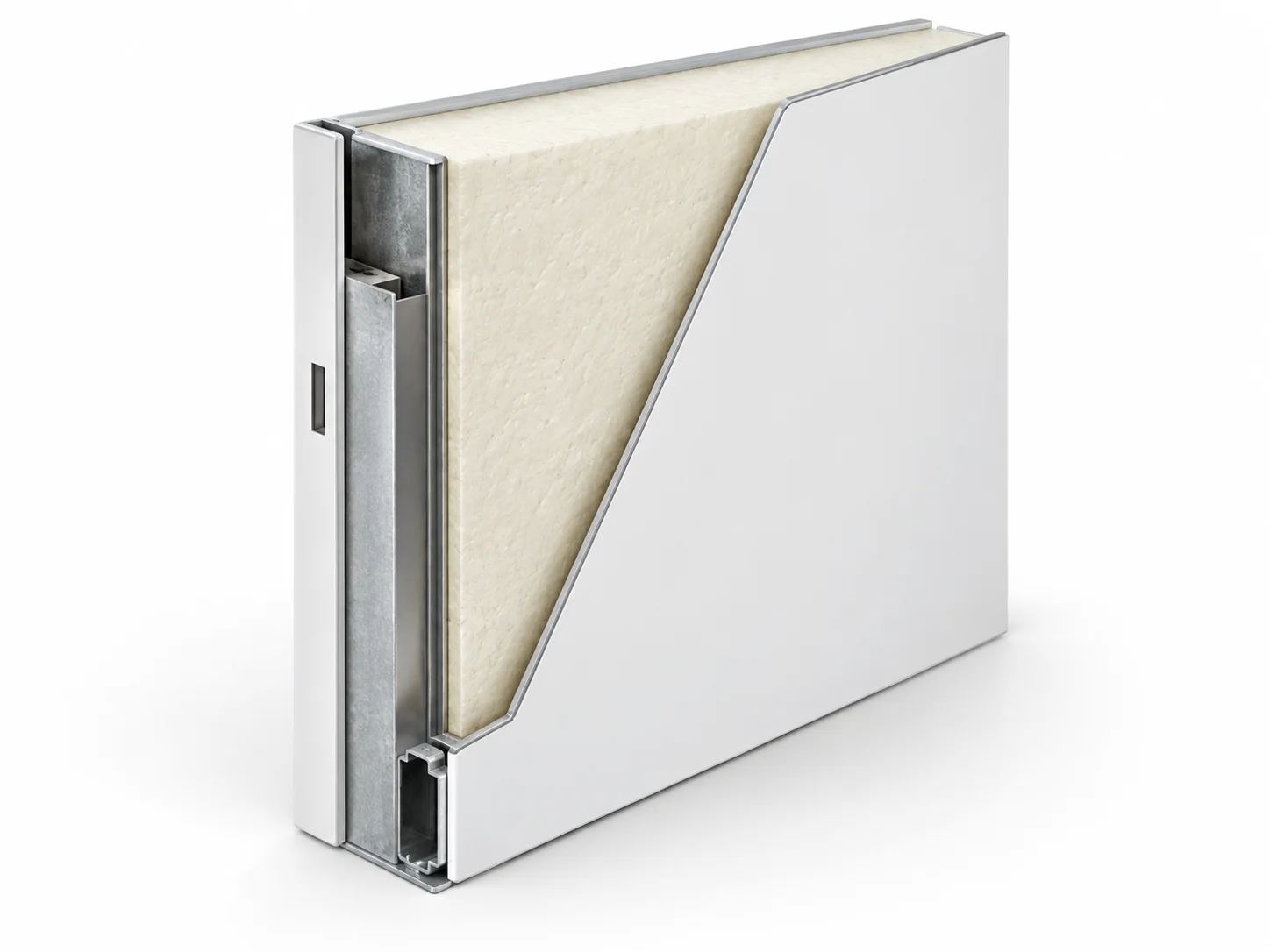 Steel door slab cutaway showing metal face skins around a rigid insulating core.