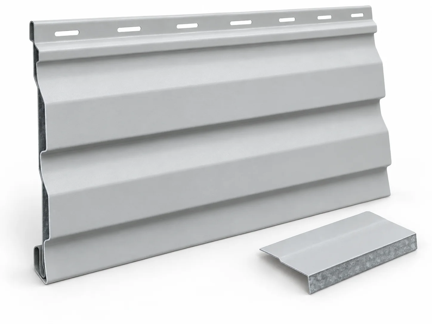 Coated steel siding sample with an exposed metal edge and a separate metallic offcut.